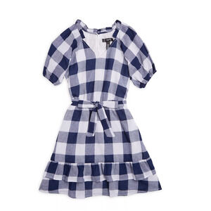 Aqua Big Girls' Puff Sleeve Exploded Gingham Check Dress Navy Size L 0997